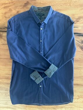 Ted Baker Navy Quillon Navy Knit Cotton Button-Up Shirt